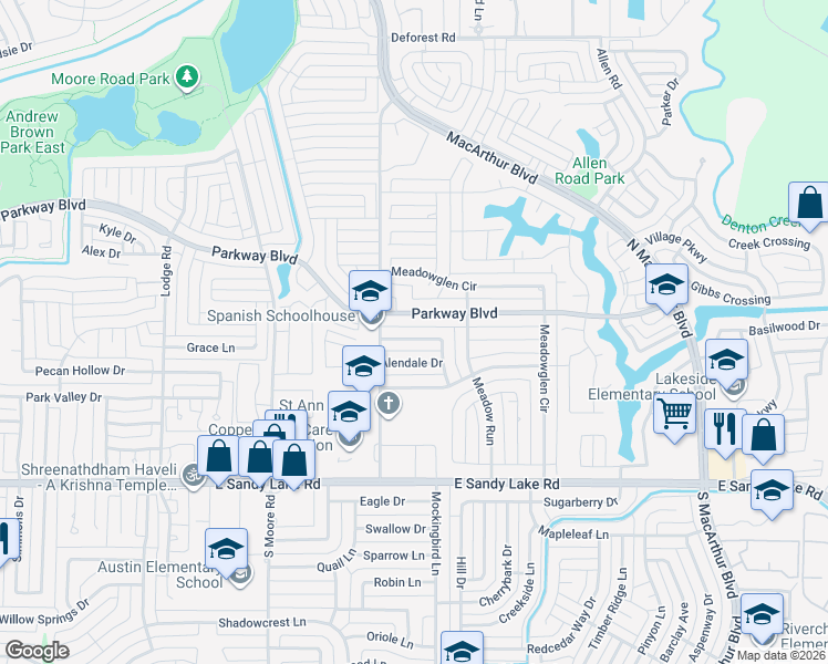 map of restaurants, bars, coffee shops, grocery stores, and more near 724 Marlee Circle in Coppell
