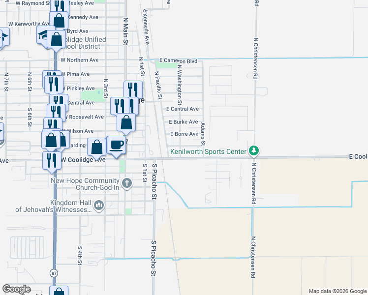 map of restaurants, bars, coffee shops, grocery stores, and more near 375 South Washington Street in Coolidge