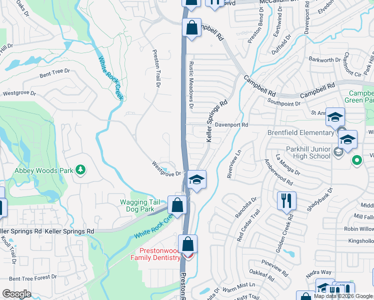 map of restaurants, bars, coffee shops, grocery stores, and more near 6001 Blue Bay Drive in Dallas
