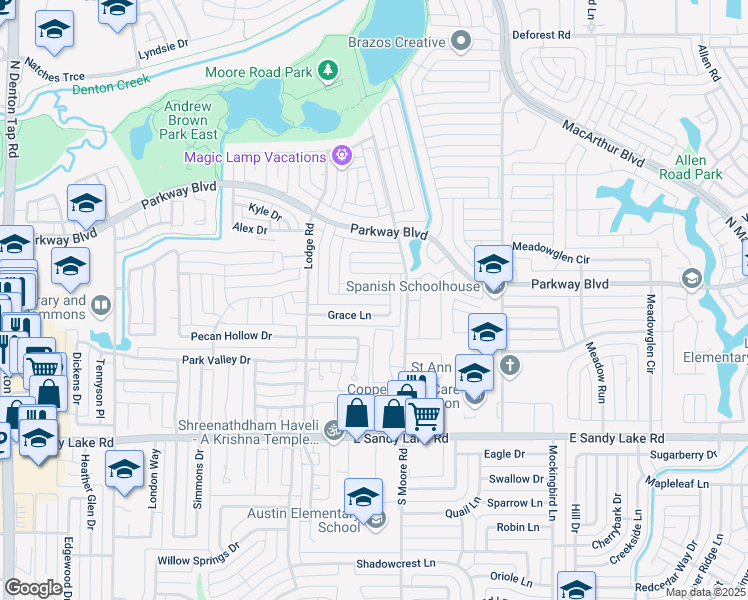 map of restaurants, bars, coffee shops, grocery stores, and more near 563 Lee Drive in Coppell