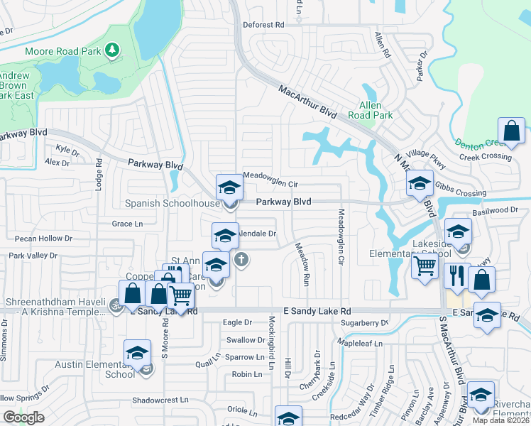 map of restaurants, bars, coffee shops, grocery stores, and more near 724 Marlee Circle in Coppell