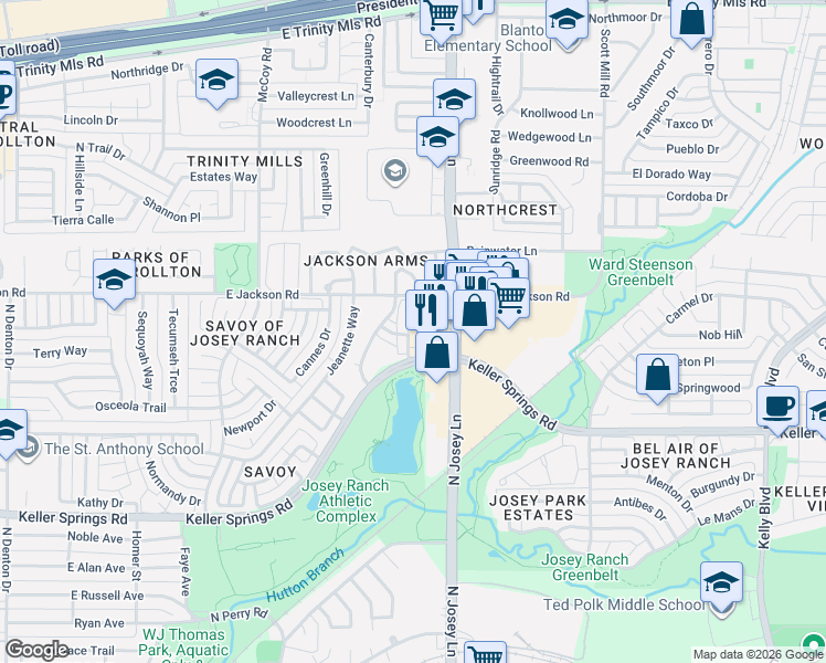 map of restaurants, bars, coffee shops, grocery stores, and more near 2145 North Josey Lane in Carrollton