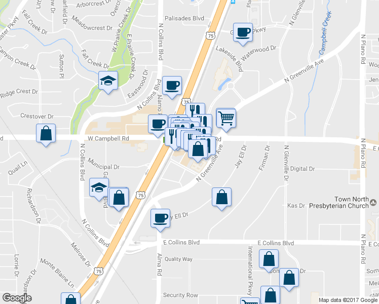map of restaurants, bars, coffee shops, grocery stores, and more near 740 East Campbell Road in Richardson