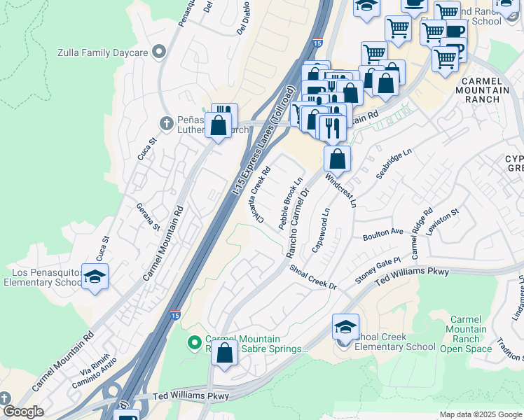 map of restaurants, bars, coffee shops, grocery stores, and more near 11235 Candleberry Court in San Diego