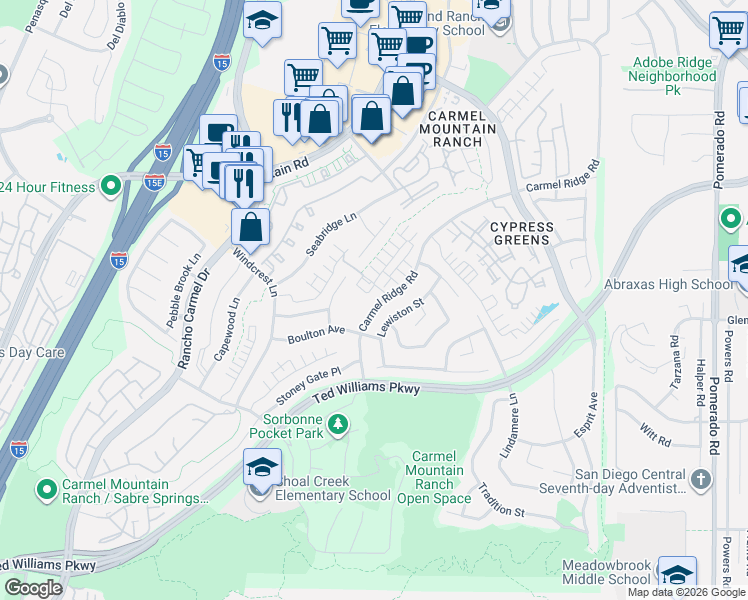 map of restaurants, bars, coffee shops, grocery stores, and more near 13997 Carmel Ridge Road in San Diego