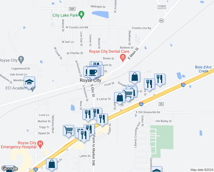 map of restaurants, bars, coffee shops, grocery stores, and more near 202 May Street in Royse City