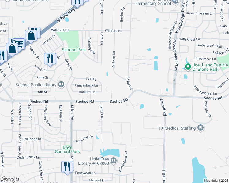 map of restaurants, bars, coffee shops, grocery stores, and more near 4907 Sachse Road in Sachse