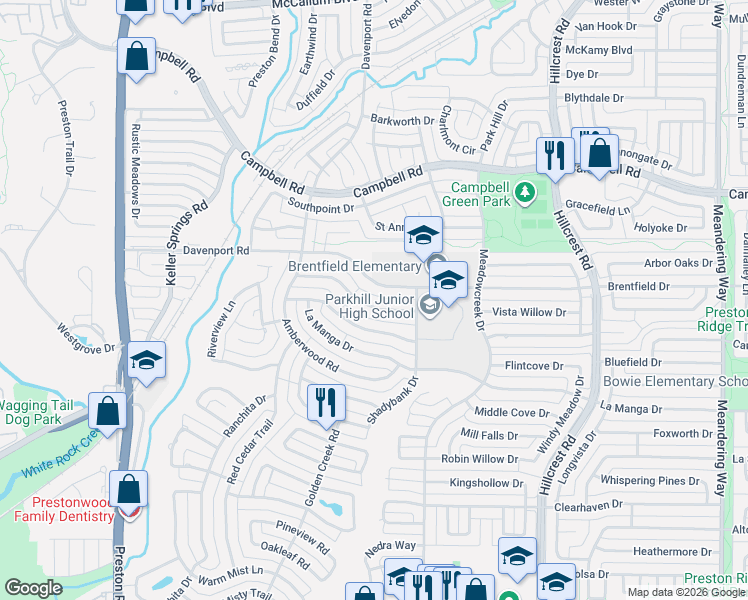 map of restaurants, bars, coffee shops, grocery stores, and more near 6505 Redpine Road in Dallas