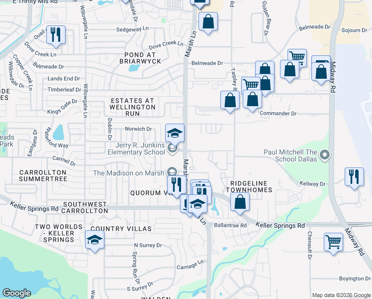 map of restaurants, bars, coffee shops, grocery stores, and more near 2300 Marsh Lane in Carrollton