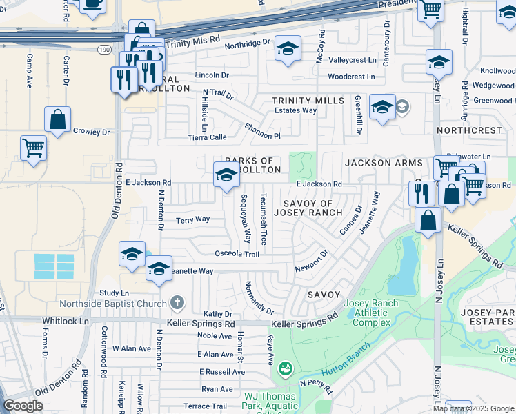map of restaurants, bars, coffee shops, grocery stores, and more near 2129 Tecumseh Trce in Carrollton