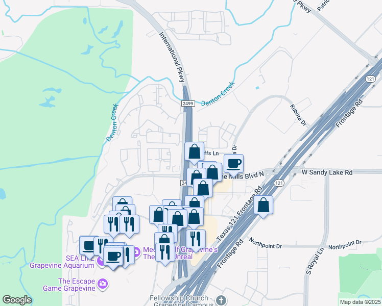 map of restaurants, bars, coffee shops, grocery stores, and more near 3608 Grapevine Mills Parkway in Grapevine