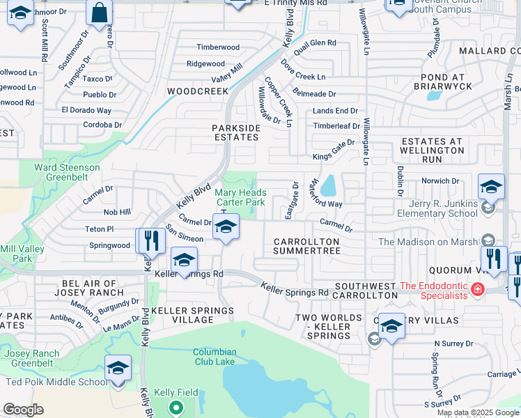 map of restaurants, bars, coffee shops, grocery stores, and more near 2304 Westwind Drive in Carrollton