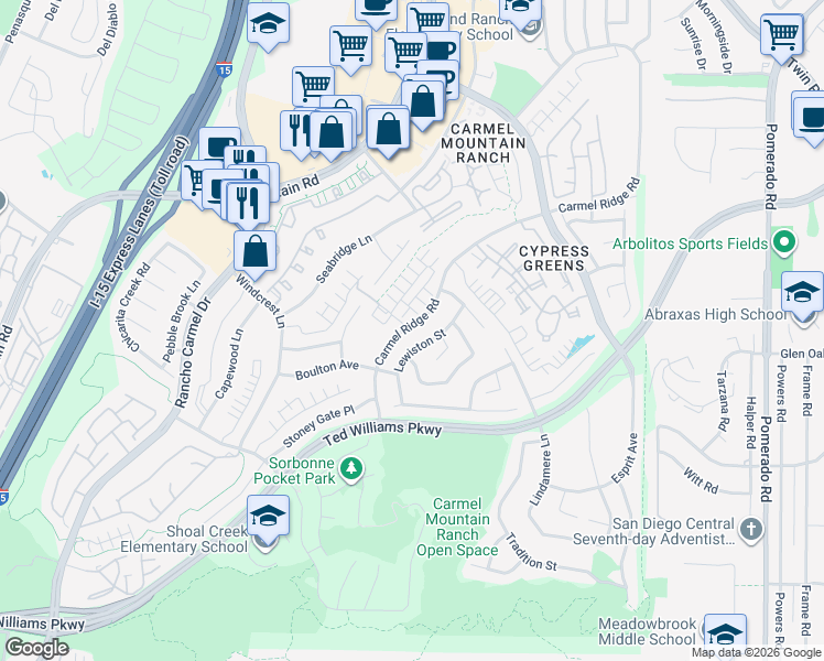 map of restaurants, bars, coffee shops, grocery stores, and more near 13997 Carmel Ridge Road in San Diego