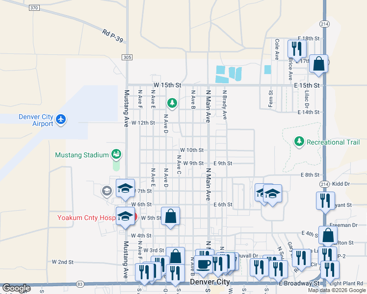 map of restaurants, bars, coffee shops, grocery stores, and more near 209 West 10th Street in Denver City