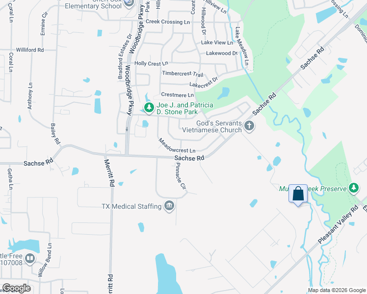 map of restaurants, bars, coffee shops, grocery stores, and more near 6203 Meadowcrest Ln in Sachse