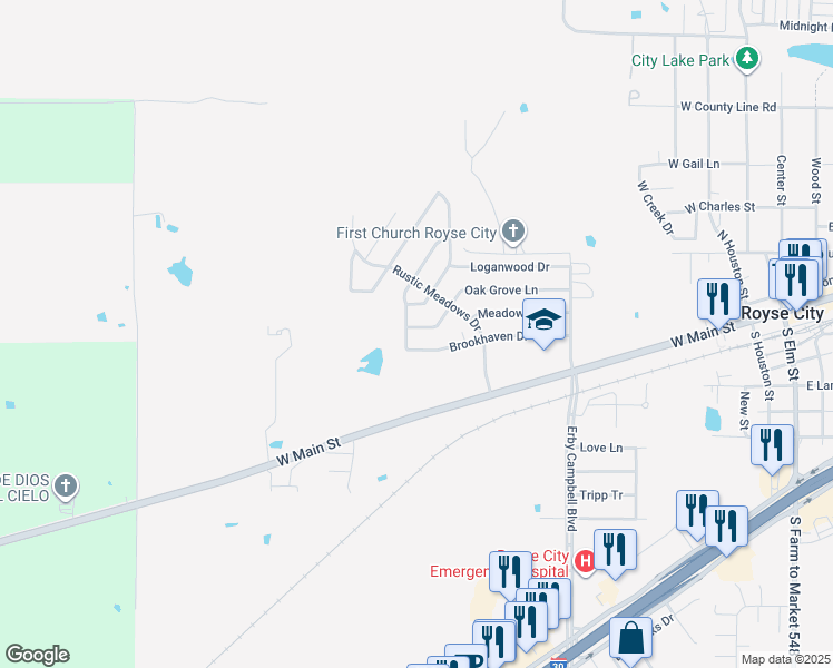 map of restaurants, bars, coffee shops, grocery stores, and more near 1125 Oak Grove Lane in Royse City