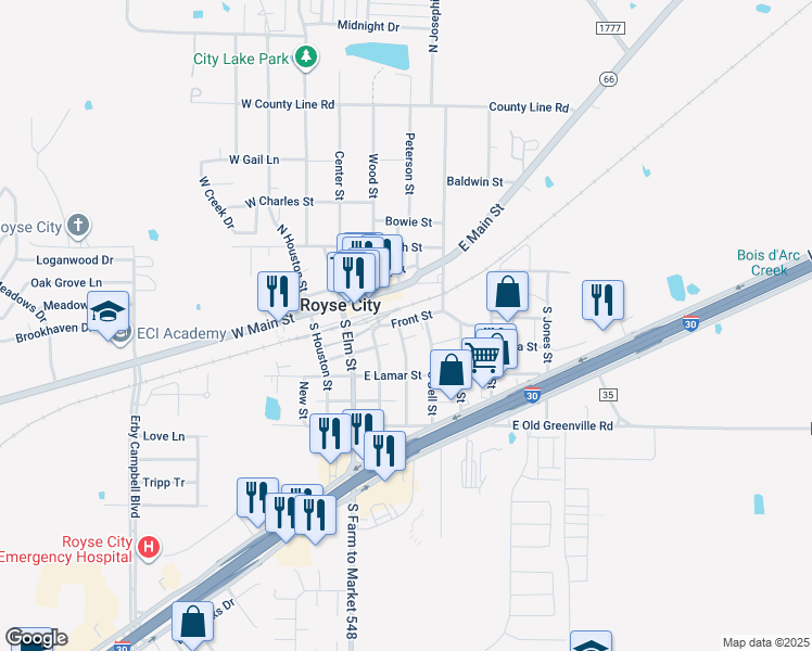 map of restaurants, bars, coffee shops, grocery stores, and more near 202 May Street in Royse City