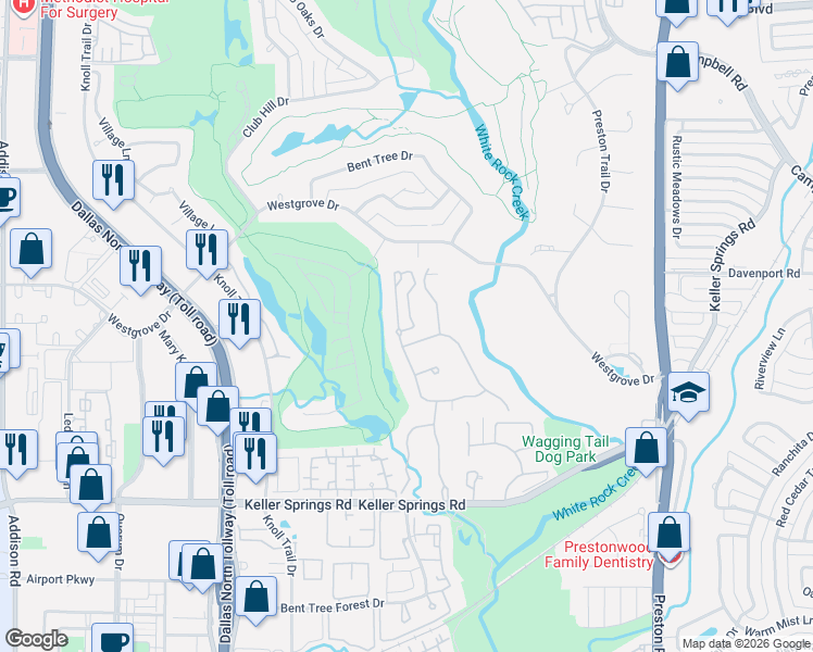 map of restaurants, bars, coffee shops, grocery stores, and more near 40 Abbey Woods Lane in Dallas