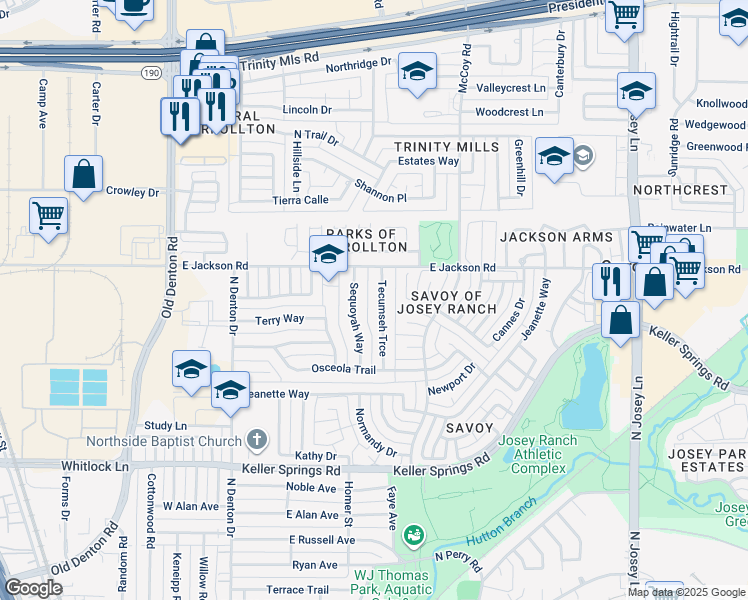map of restaurants, bars, coffee shops, grocery stores, and more near 2129 Tecumseh Trce in Carrollton