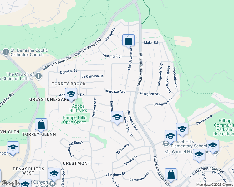 map of restaurants, bars, coffee shops, grocery stores, and more near 9029 Stargaze Avenue in San Diego