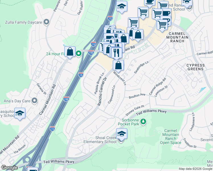 map of restaurants, bars, coffee shops, grocery stores, and more near 11505 Windcrest Lane in San Diego