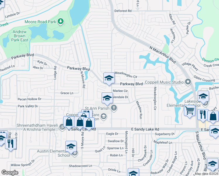 map of restaurants, bars, coffee shops, grocery stores, and more near 704 Marlee Circle in Coppell