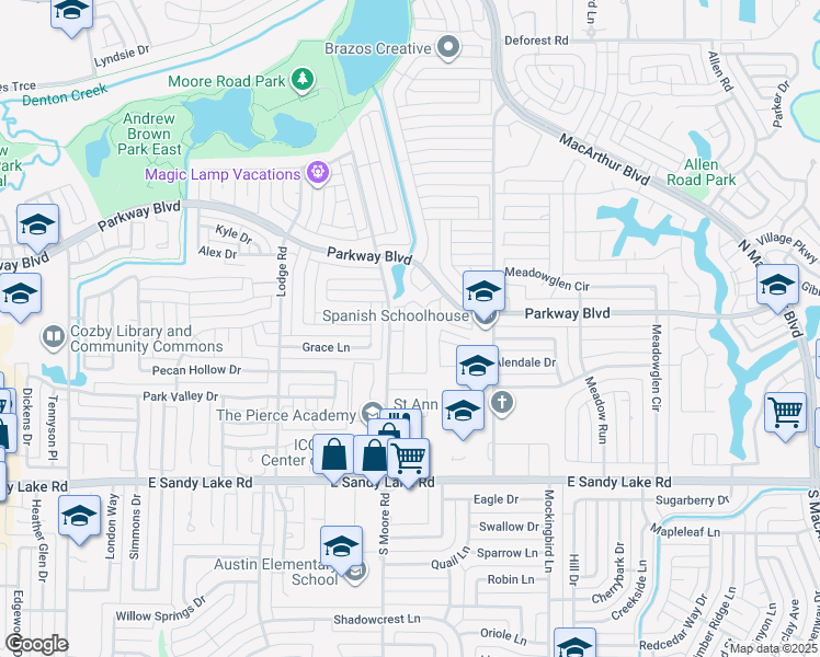 map of restaurants, bars, coffee shops, grocery stores, and more near 162 North Moore Road in Coppell