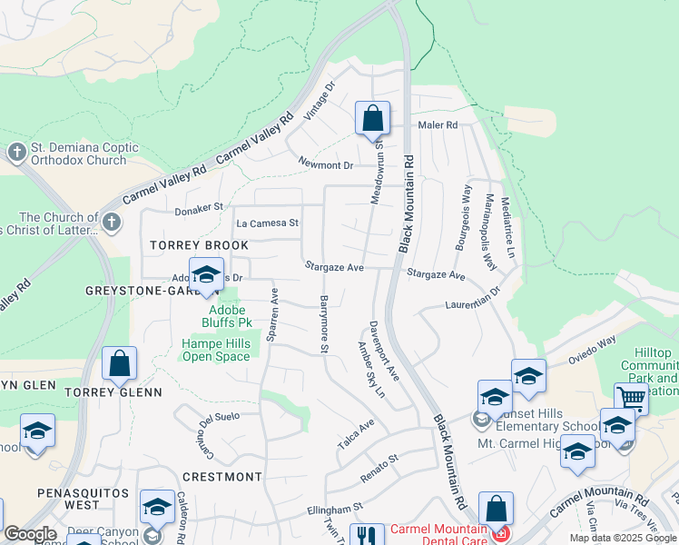 map of restaurants, bars, coffee shops, grocery stores, and more near 9029 Stargaze Avenue in San Diego