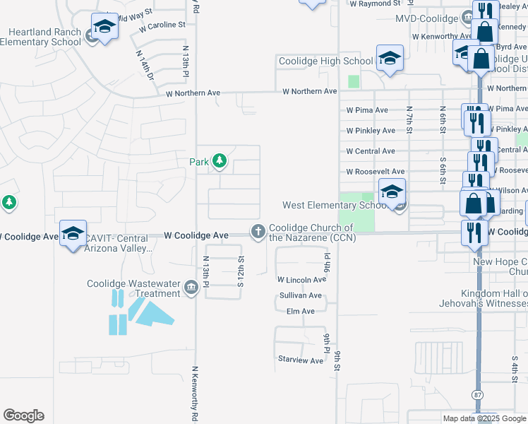 map of restaurants, bars, coffee shops, grocery stores, and more near 315 South Carter Ranch Road in Coolidge