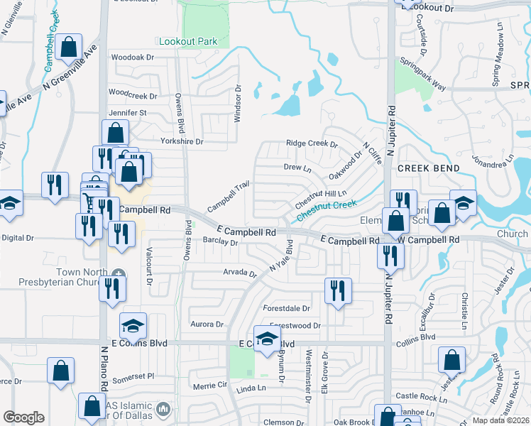 map of restaurants, bars, coffee shops, grocery stores, and more near 1705 Chestnut Hill Lane in Richardson