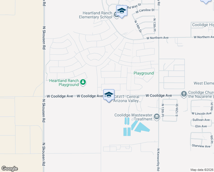 map of restaurants, bars, coffee shops, grocery stores, and more near 1727 West Harding Avenue in Coolidge