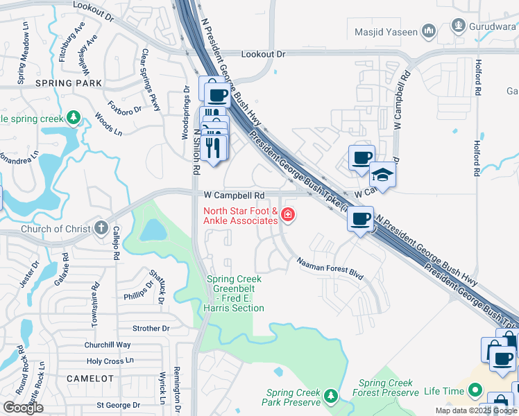 map of restaurants, bars, coffee shops, grocery stores, and more near 6602 Wildlife Trail in Garland