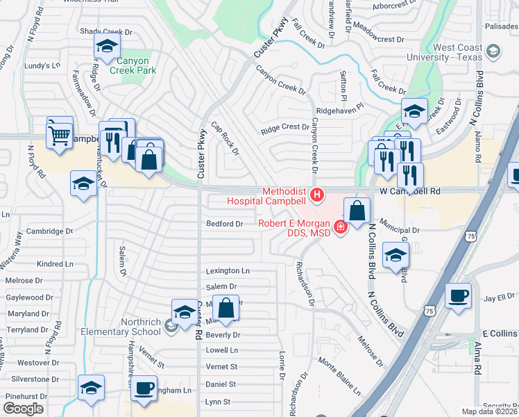 map of restaurants, bars, coffee shops, grocery stores, and more near 1906 Cap Rock Drive in Richardson