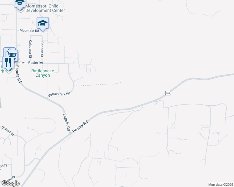 map of restaurants, bars, coffee shops, grocery stores, and more near Poway Road in Poway