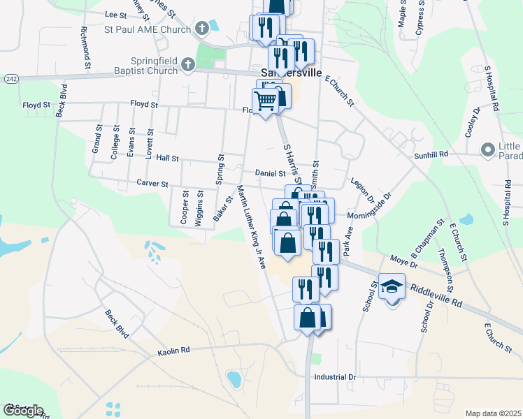 map of restaurants, bars, coffee shops, grocery stores, and more near 512 King Street in Sandersville