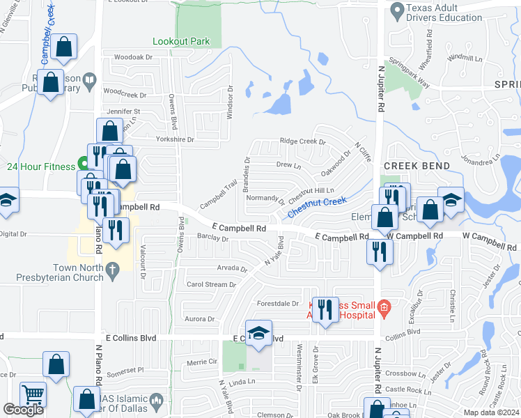 map of restaurants, bars, coffee shops, grocery stores, and more near 1707 Chestnut Hill Lane in Richardson