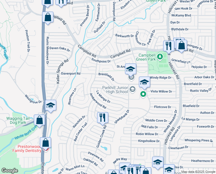map of restaurants, bars, coffee shops, grocery stores, and more near 6438 Redpine Road in Dallas