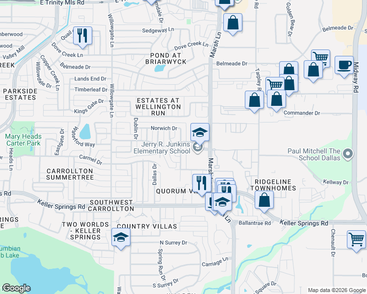 map of restaurants, bars, coffee shops, grocery stores, and more near 2316 Norwich Drive in Carrollton