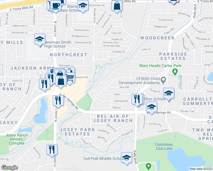 map of restaurants, bars, coffee shops, grocery stores, and more near 2155a Carmel Drive in Carrollton