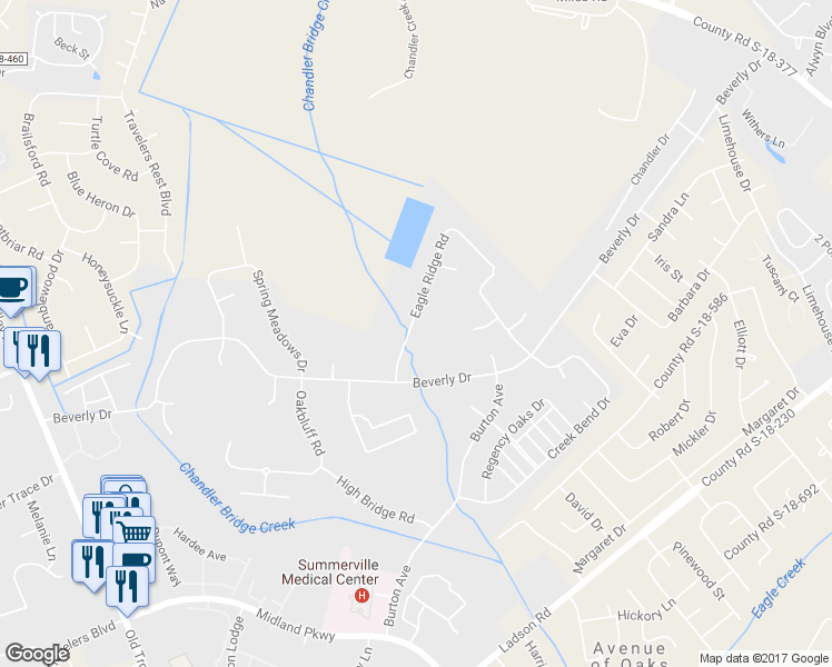 map of restaurants, bars, coffee shops, grocery stores, and more near 325 Eagle Ridge Road in Summerville