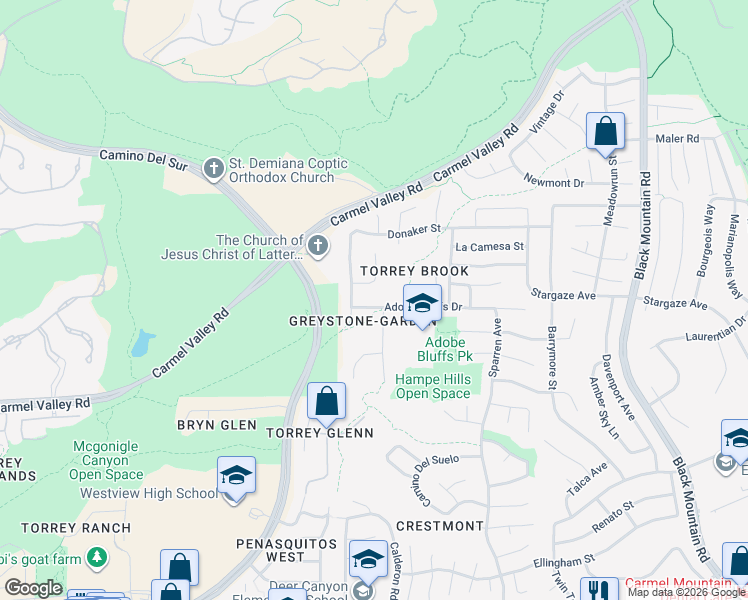 map of restaurants, bars, coffee shops, grocery stores, and more near 8528 Adobe Bluffs Drive in San Diego
