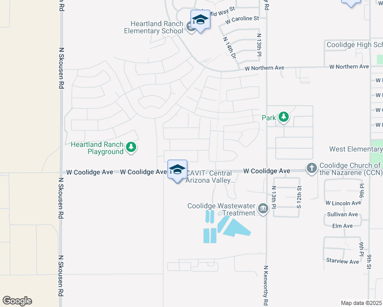 map of restaurants, bars, coffee shops, grocery stores, and more near 1649 West Harding Avenue in Coolidge