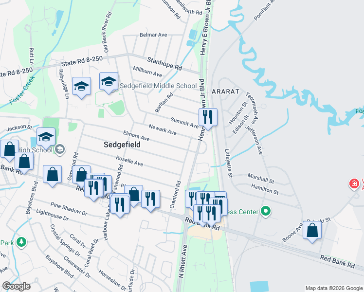 map of restaurants, bars, coffee shops, grocery stores, and more near 4 Elmora Avenue in Goose Creek