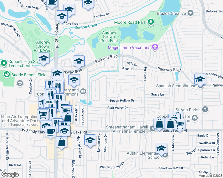 map of restaurants, bars, coffee shops, grocery stores, and more near 199 Chinaberry Way in Coppell