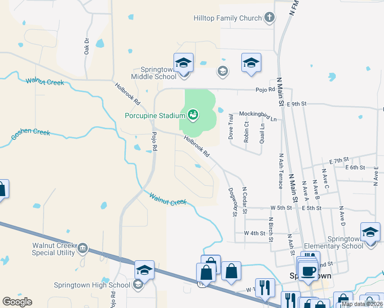map of restaurants, bars, coffee shops, grocery stores, and more near 897 Holbrook Road in Springtown