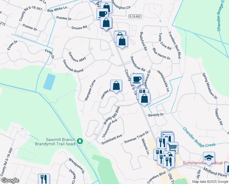 map of restaurants, bars, coffee shops, grocery stores, and more near 417 Hamlet Road in Summerville