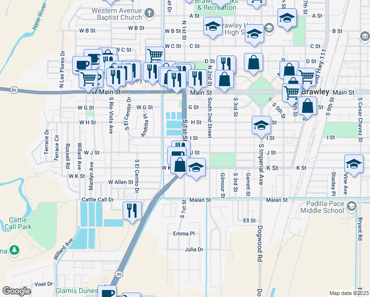 map of restaurants, bars, coffee shops, grocery stores, and more near 470 South 1st Street in Brawley