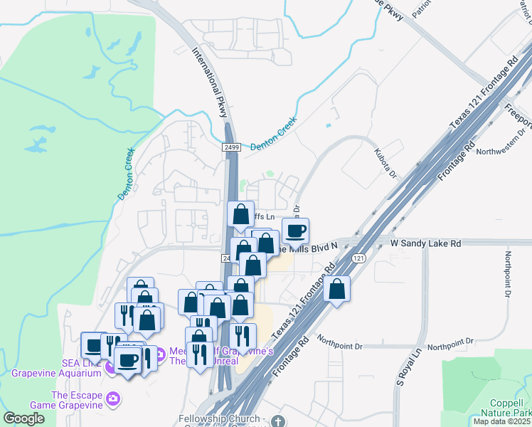 map of restaurants, bars, coffee shops, grocery stores, and more near 3535 Bluffs Lane in Grapevine