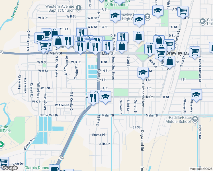 map of restaurants, bars, coffee shops, grocery stores, and more near 155 J Street in Brawley