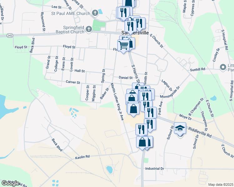 map of restaurants, bars, coffee shops, grocery stores, and more near 512 King Street in Sandersville